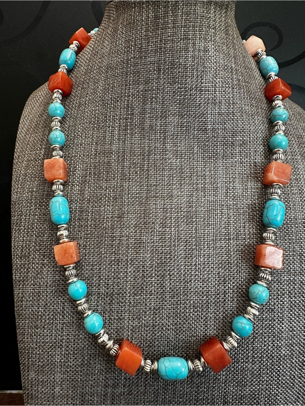 Turquoise and Carnelian Beaded Necklace - Vibrant Blue & Orange Women’s Jewelry